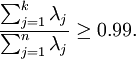 egin{align}
frac{sum_{j=1}^k lambda_j}{sum_{j=1}^n lambda_j} geq 0.99. 
end{align}