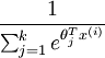 \frac{1}{ \sum_{j=1}^{k}{e^{ \theta_j^T x^{(i)} }} } 